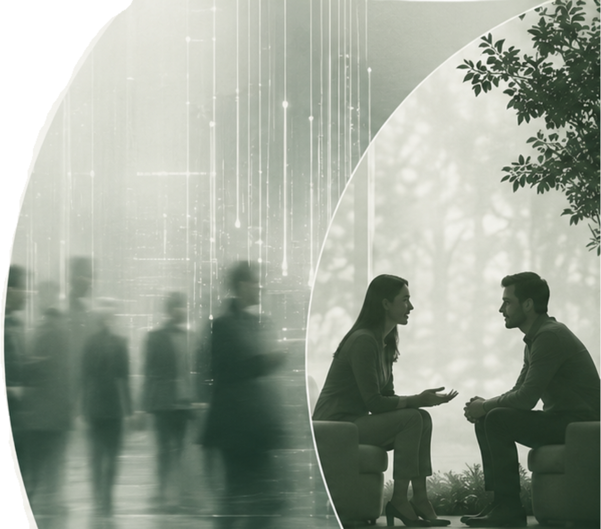 A blurred digital crowd beside two people in real conversation